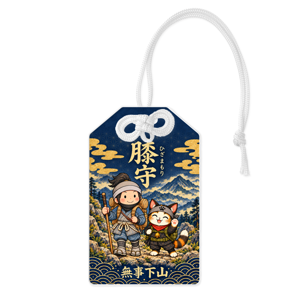 紺と金の山景色の膝守。白い結び紐を組み合わせた商品イメージ