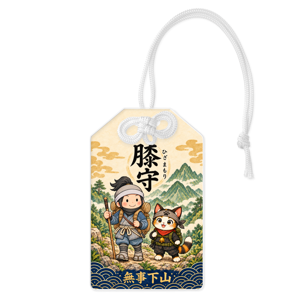 緑の山並みの膝守。白い結び紐を組み合わせた商品イメージ