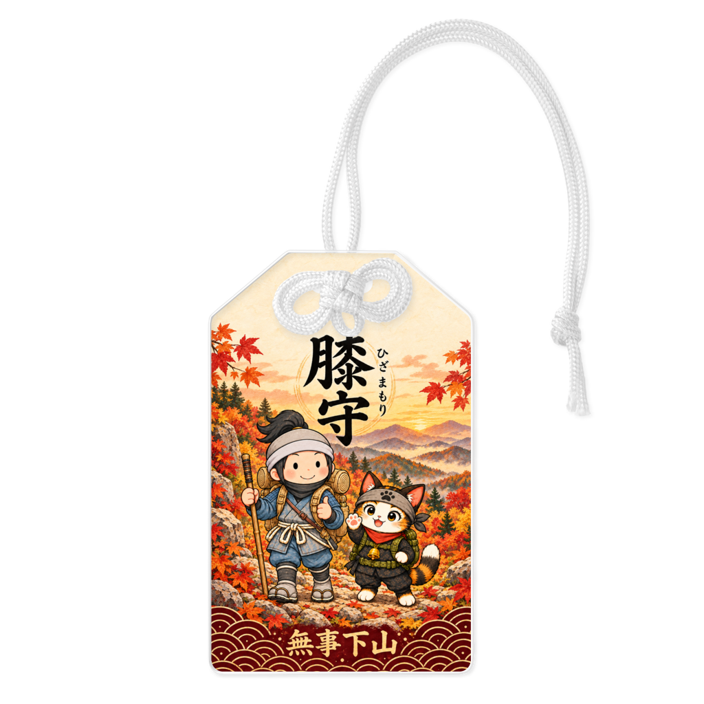 紅葉の山歩きの膝守。白い結び紐を組み合わせた商品イメージ