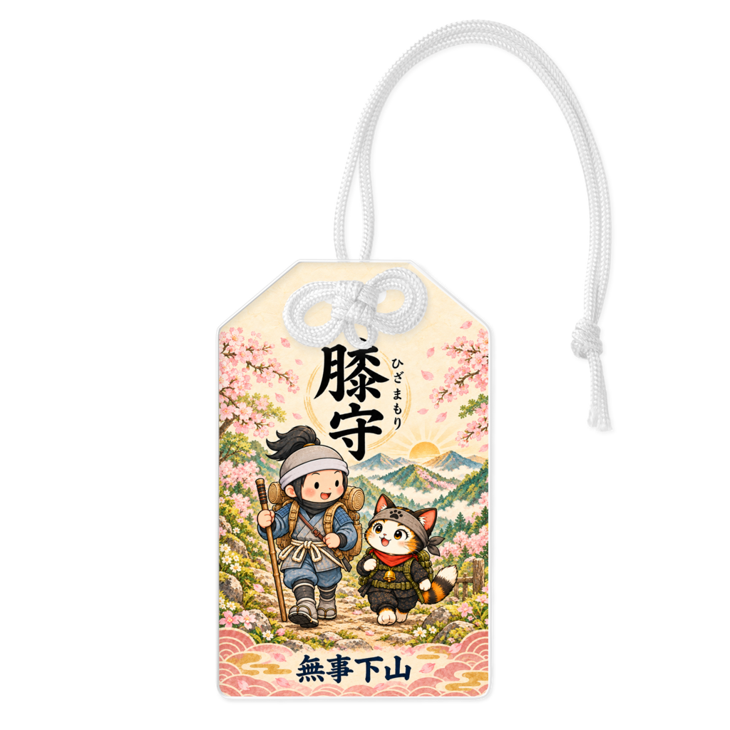 桜と山並みの膝守。白い結び紐を組み合わせた商品イメージ